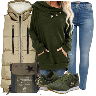 Outfit mit Khaki/Beige/Braun Outdoorweste/Leichte Weste/Ärmellose Weste/Kurze Weste/Puffer Weste/Daunenweste Only "Perfekt für den Herbst"