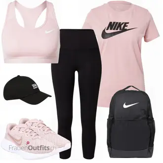 Sport Outfits mit Schwarz Strumpfhose Nike, Rosa/Beige/Blau Bh Nike, Grau/Rosa/Beige/Blau Sportschuh Nike, Schwarz Rucksack Nike "Sport Outfit"