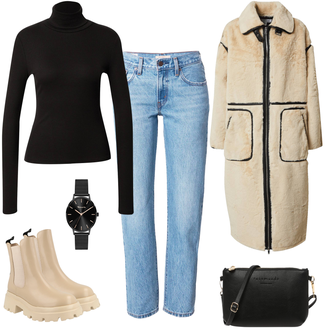 Outfit mit Beige Bouclé Mantel/Pelzmantel/Lamahaar-Mantel/Langer Wintermantel/Midi Mantel/Oversize Mantel/Teddy Mantel/Vintage Mantel Edited "Chain Alltagslook"