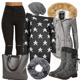 Militär Outfit mit Grau/Dunkelgrau/Dunkelblau Kopftuch/Hut Bandana/Loop Schal styleBREAKER "Stars"Look: Edel, Metal, Metallic, Oversize, Militär, Retro, 80er