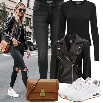 90er, Stil Outfit mit Lederjacke/Leder Schuhe/Sweatjeans/Tapered-Jeans/Girlfriend Jeans/T-Shirt/Regular-Fit Jeans/Slim Fit Jeans/Caprijeans/Knöchelstiefel/Damen 7/8-Länge Jeans/Cropped Jeans Only "Modisches Freizeit Outfit"Look: Stil
