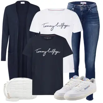 Outfit mit Rot/Blau/Rosa/Grün Damen 7/8-Länge Jeans/Ankle Boot/Caprijeans/Cropped Jeans/Low Waist Jean/Push up Jeans/Lederjacke/Bomberjacke/Federjacke/Jacke Mit 3/4 Ärmel/Frühlingsjacke/Sommerjacke/Vintage Jacke/Bluse Große Größe/Parka große Größe/Sweatmode Tommy Hilfiger "Buntes Outfit für den Frühling"