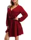 Clearlove Damen Casual Swing Kleid Tunika Kleider Freizeitkleid mit Gerafft V-Ausschnitt Laterne Ärmel Fließendes Minikleider Partykleider Rot M