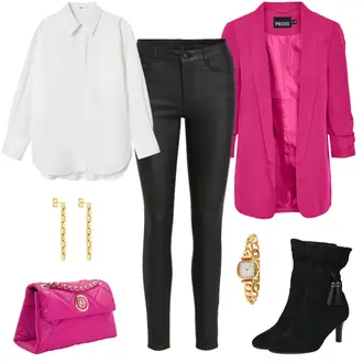 Party Outfits mit Schwarz/Weiß Lederjacke/Lederimitathose/Lederlegging/Leggings Lederoptik/Lederhose/Skinny Hose/Treggings/Biker Jeans/Thermojeans Vila "Fuchsia Partylook"