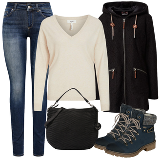 Outfity na zimu s hlubokým výstřihem s Khaki/Béžová/Hnědá/Bílá Basic Svetr/Kašmírový Svetr/Kašmírový Svetr/Mohair Pullover/Svetr Niki/Jednoduchý Svetr/Svetr s V-výstřihem/Vlněný Svetr Object "Zimní outfity"