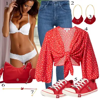 Outfit s Červená Slavnostní Halenka/Zavazovací Halenka/Halenka s Mašlí/Zavinování Halenka/Halenka s Nafouknutým Rukávem/Crash blůza/Carmen Blůza/Rozverná blůza Edited "Jarní outfit"