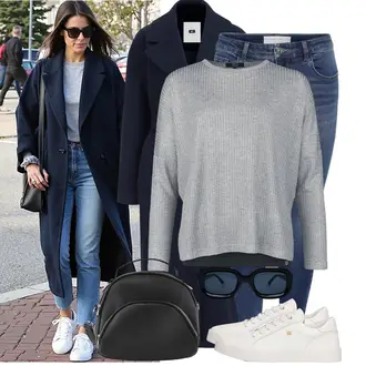 Schouder Outfit met Donkerblauw Lange Jas/Slip Jas/Wollen Jas/Kasjmier Mantel/Midi Mantel/Wollen Mantel/Wollen WinterJas/Scuba Mantel/Loden mantel/Overgangsmantel/Lange mantel/Women's Trenchcoats WE Fashion "Vrijetijds Look"