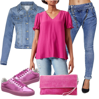 80er Outfit mit Rosa Einfarbige Bluse/Schlupfbluse/Lederjacke/Lederjacke/Crash­bluse/Bluse Oberteil/Bluse mit Puffärmel/Kurzarmbluse EDC by Esprit "Frühlings Outfit"Look: Mom, Boho, 80er, Nahtlos