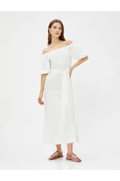 Midi Dress with Open Shoulder and Belt