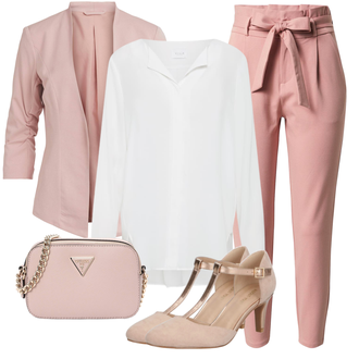 Kombinacije za posao Chic s kopčom Koža sa Pink/Bež/Smeđa Pumpa u obliku slova T/Cipela Mary Jane/Vintage Pumpa About You "Poslovni look"Look: Stil, Francuske, Chic, Elegantan, Šik, Old Money