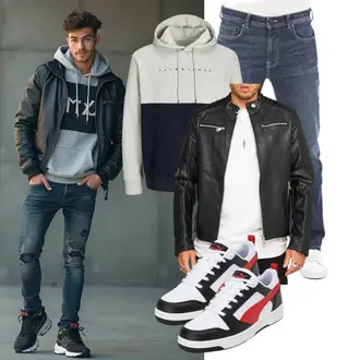 Outfit mit Schwarz/Orange Jacke mit Seitlichem Reißverschluss/Leder Bomberjacke/Motorradjacke/Lederjacke/Kunstlederjacke/Bikerjacke Behype "Freizeit Outfit"