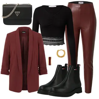 Outfit mit Rot/DunkelRot/Bordeaux/Braun Hose Große Größe/Lederimitathose/Lederlegging/Leggings Lederoptik/Lederhose/Leggings Große Größe Edited "Schönes Frühlingsoutfit"