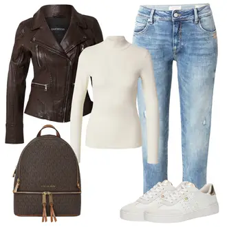 outfit mit Temno rjava/Siva/Rjava Vintage usnjena jakna/Motoristična jakna/Usnjena Jakna/Motoristična jakna Oakwood "Popoln videz za pomlad"