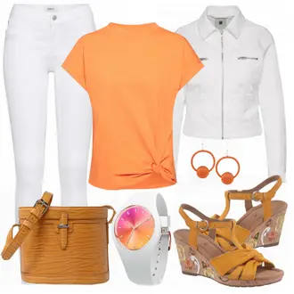 Outfit mit Weiß/Schwarz/Braun Bluse mit Lochstickerei/Bluse Oberteil/Kinderspielzeug/Schößchen­bluse/Verspielte Bluse/Volantbluse/Damen 7/8-Länge Jeans/Cropped Jeans/Schlaghose Jeans/Jeans-Culotte/Bundfaltenjeans/Formelles Hemd/Wide Leg Jean Only "LeGer"