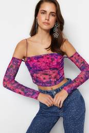 Pink-Multicolored Crop Lined Tulle Printed Blouse