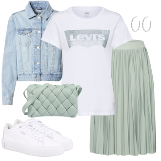Outfit mit Rot Ballonshirt/Basic Top/Casual Top/Cropped Shirt/Strick Top/Strickshirt/Hemdoberteil/Kurzes Oberteil/Boucle Strickjacke/Rundhals-Strickjacke/Kurze Strickjacke/Kurzarm Strickjacke/Stehkragen-Strickjacke/Sommerstrickjacke/Vintage Strickjacke levi's ® "Modischer Sommer Look"