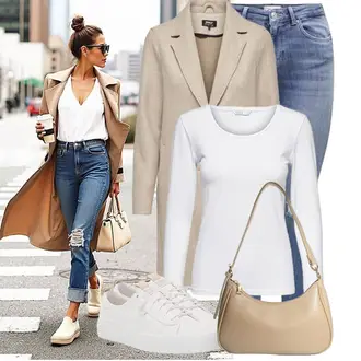 Frühlings Outfits Old Money mit Beige/Braun/Khaki Schultertasche/Umhängetasche/Baguette-Tasche Hoxis "Schönes Frühlingsoutfit"Look: Schick, Stil, Indoor, Old Money, Jazz, Safari, Classic, Elegant