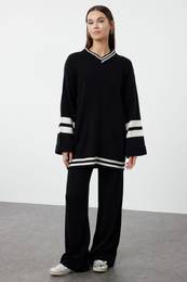 Black Color Block Striped Knitwear Top-Bottom Skirt Sweater Suit