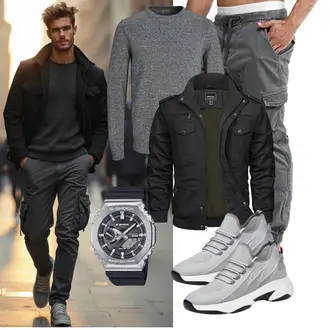 Outfit mit Schwarz/Dunkelgrün/Khaki/Dunkelgrau Uniformjacke/Jacke mit Seitlichem Reißverschluss/Cargojacke/Winterjacke/Herbstjacke/Militärjacke TACVASEN "Freizeit Outfit"