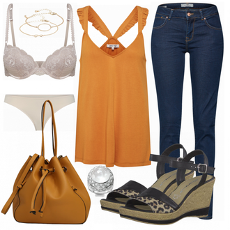 Outfit mit Beige/Khaki/Braun Bikini große größe Schiesser "Top Gelb"