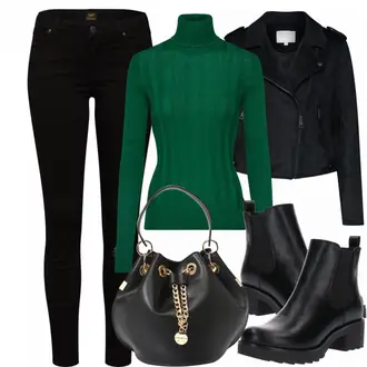 Oversize Kurz Outfit mit Schwarz Chelsea Boot/Lederjacke/Flache Stiefelette/Gummistiefelette About You "Merilin"Look: Uni, Schick, Edel, Coole, Oversize, Techno, Unisex, Wetlook