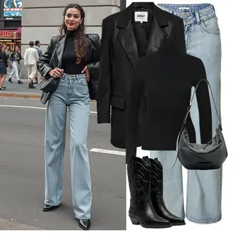 Outfit mit HellBlau/Blau T-shirt/Dad Jeans/Schlaghose Jeans/High Waist Jeans/Loose fit Jeans/Low Rise Jean/Men's Leather Jacket/Vintage jeans/Wide Leg Jean levi's ® "Perfekt Look für den Winter"