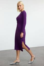 Purple 100% Cotton Tie Detailed Body-Fitting Midi Knit Dress