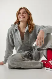 Happiness stanbul Women's Gray Hooded Zipper Knitwear Cardigan