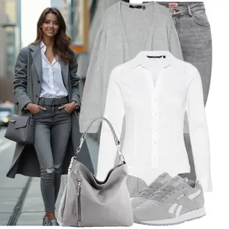 Frühlings Outfits Edel mit Grau/Beige/Braun/Lila Große Tasche/Schultertasche modamoda de "Stylische Kombination für den Frühling"Look: Schön, Emo, Indoor, Elegant, Schick, Metallic, Ausgefallene, Edel, Boho, Oversize, Feine
