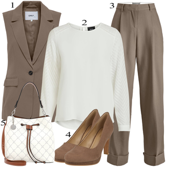 Outfit s Krémová/Bílá Halenkový Top/Halenka s Dlouhým Rukávem/Slip-on Halenka/Halenka se Stojatým Límcem/Kožená bunda pro muže/Crash blůza/Dětská hračka/Sportovní Halenka/Mušelínová Halenka/Blůza s nášivkou na lokti Object "Oblečení do kanceláře"