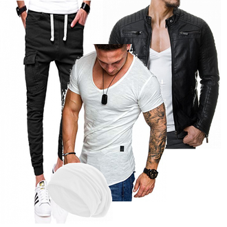 Wolle-seide Outfit mit Schwarz Jacke mit Seitlichem Reißverschluss/Motorradjacke/KunstLederjacke/Bikerjacke Redbridge "BEHYPE"