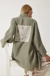Happiness stanbul Women's Khaki Floral Detailed Premium Muslin Kimono