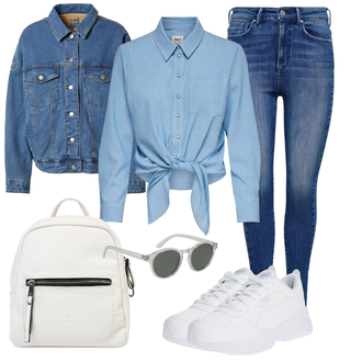 Mit Schleife Outfit mit Hellblau/Blau Bluse und Tunika/Bluse Große Größe/Casual Hemd/Jeanshemd/Hemdbluse Only "Zomerkleding"