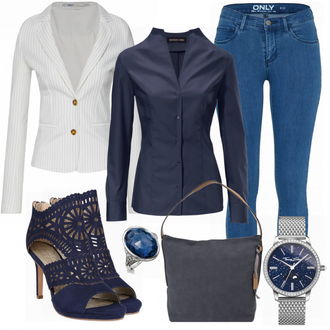 spitze Outfit mit Blau/Dunkelblau Sandalette/Schuh Ohne Schnürsenkel/SommerStiefelette/Sommer Schuh/Sandalen Mit Absatz/Eleganter Schuh Bullboxer "Heine Bluse"