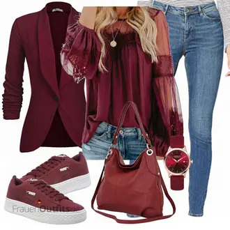 Lang Outfit mit Rot/DunkelRot/Bordeaux Strick­blazer/Lederjacke/Blazerjacke/Longblazer/Lässiger Blazer/Blusenblazer/Eleganter Blazer Unibelle "Cooler Look für den Frühling"