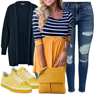 Outfit mit Gelb/Dunkelblau Sportliche Bluse/Schlupfbluse/Langarmbluse/Plissee Bluse/Bluse Mit Ellen­bogen-patch/Longbluse/Tuniken-Shirt/ausgefallene tunika/Bluse Oberteil/3/4 Bluse/Lederjacke/Bluse Bestyyo "Cooler Look Für Den Frühling"