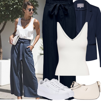 Outfit sa Tamnoplava Tradicionalna Hlača/Marlene Hlača/Lanene Hlače/Palazzo Hlača/Široka Hlača/Paperbag Hlača/Culotte Hlačice/Hlače od muslina JdY "Proljetni Outfit"