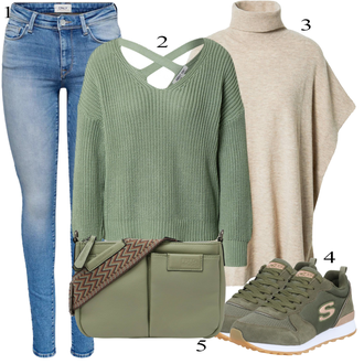 apranga su Ruda/Bežas/Haki/Balta Megztas Pončas/Poncho lindex "Jarné Outfit"