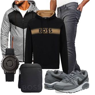 Outfit mit Grau/Dunkelgrau/Hellgrau Laufjacke/Langlaufjacke/Reflektierende Jacke/Jacke mit Seitlichem Reißverschluss/Sportjacke/Hybridjacke/Kapuzenjacke BOLF "Freizeit Outfit"