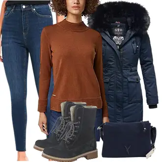 Urlaub Outfits Old Money mit Blau/Dunkelblau Sportschuhe/Caprijeans/Schlupfjeans/Cropped Jeans/High Waist Jeans/Leder Schuhe/Knöchelstiefel/Damen 7/8-Länge Jeans/Push up Jeans NA-KD "Winterlicher Look"Look: Nahtlos, Casual, Old Money, Coole, Schön, Schlichte