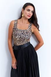 Women's Camel-Black Square Neck Leopard Blouse RLO87