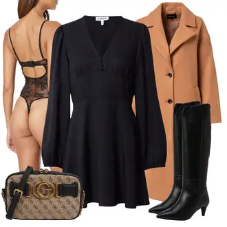 Cowgirl Outfit mit Schwarz/Weiß Klassischer Stiefel/Kniehoher Stiefel/Spitzer Stiefel/WeitschaftStiefel/Langer Stiefel/Leder Overknee Stiefel/ReitStiefel About You "Freizeit Outfit"Look: Stil, Uni, Cowgirl, Western
