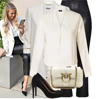 Elegant Outfit met wit/Khaki/bruin/beige/Crème Blouse topje/Overhemd top/Blouse met Opstaande Kraag/Blousebody/Elegante Blouse/Zijden Blouse/Zakelijke Blouse/Blouse met Lange Mouwen/Carmen-Blouse/Mousseline Blouse Yesta "Modieuze lente-outfit"Look: Strakke pasvorm, Simpel, Chill, Licht, Stijl, Jaren 20, Elegant, Smart Casual, Werkkleding