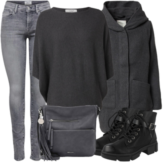 Outfit mit Schwarz/Grau/Dunkelgrau Strick Große/Klassische Tunika/Bluse Lederjacke/Oversize Bluse/Tuniken-Shirt/Shirt & Top Große Größe/Tunika/Pullover Mit Fledermausärmel/Kaschmir Pullover JdY "Cooles Herbst Outfit"
