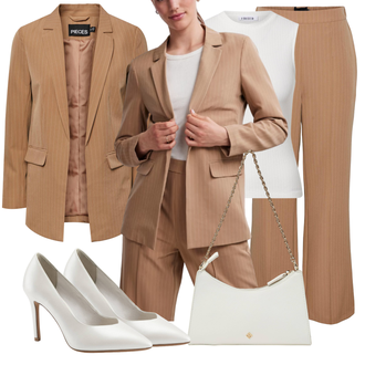 Edel Outfit mit Braun/Beige/Khaki Bügelfaltenhose/Anzughose/Ausgestellte Hose/Marlenehose/Musselin Hose/Palazzo Hose/Hose mit Schlitz/Bundfaltenhose/Bundfaltenhose/Slinkyhose/Weite Hose Pieces "Elegante Frühlings Outfits"Look: 70er, Schick, Classic, Edel, Elegant, Büro, Old Money, Outdoor