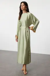 Green Cuff Accessory Embroidered Woven Satin Evening Dress