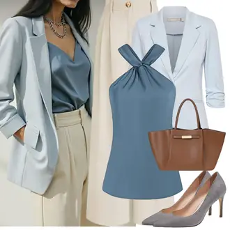 Slim fit Outfit mit Blau/Grau Blusenoberteil/Spaghetti Top/Partytop/Herrenschuhe/Ärmelloses Shirt GRACE KARIN "Business Look"