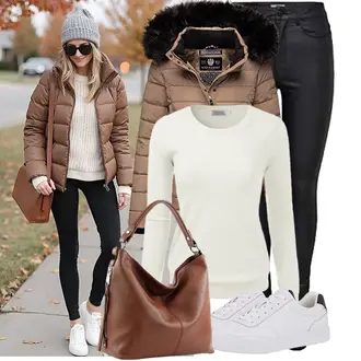 Frühlings Outfits Edel mit Schwarz Winterjacke/High Waist Jeans/Slim Fit Jeans/Push up Jeans/Leder Schuhe/Jeans mit Schlitz/Thermojeans/Biker Jeans Only, Khaki/Weiß/Hellgrün/Grau/Creme Basic Pullover/Rundhals Pullover/Stillpullover/Kaschmir Pullover/Einfacher Pullover/Feinstrickpullover/Thermo Pullover, Braun/Beige Schultertasche modamoda de "Cooler Look für den Frühling"Look: Nahtlos, Wetlook, Trendige, Schlichte, Elegant, Edel, 20er Jahre, Classic, Premium, Garten, Sportlich, Kuschel, Casual, Trachten, Schön, Emo, Metal, Indoor, Western, Italienische, Oversize, Boho, Feine, Ausgefallene, Schick