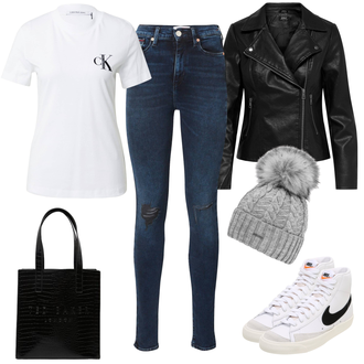 Outfit mit Schwarz Schultertasche/Accessoire/Ledermantel Ted Baker "Stylishes Freizeitoutfit"