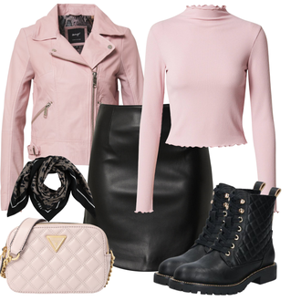 Rock Outfits Patchwork mit Schwarz Schnürstiefelette/Lederjacke/Klassischer Stiefel/Springerstiefel/Flache Stiefelette/Wattierte Stiefel/Gummistiefelette/Stiefel Mit Reißverschluss About You "Modischer Look für den Herbst"